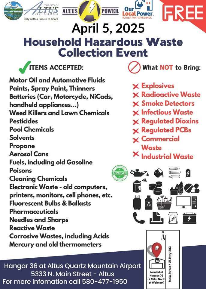 A flyer for the Household Hazardous Waste Collection Event on April 5, 2025, at Hangar 36 at Altus Quartz Mountain Airport (5333 N. Main Street). The event is free and lists accepted items such as motor oil, automotive fluids, paints, pesticides, pool chemicals, aerosols, cleaning products, and more. The flyer also highlights items NOT accepted, including explosives, radioactive waste, smoke detectors, biohazard waste, regulated pesticides, industrial waste, and more. Contact information for additional details is provided: 580-477-1560. The flyer features various icons representing hazardous waste items and a location map at the bottom.