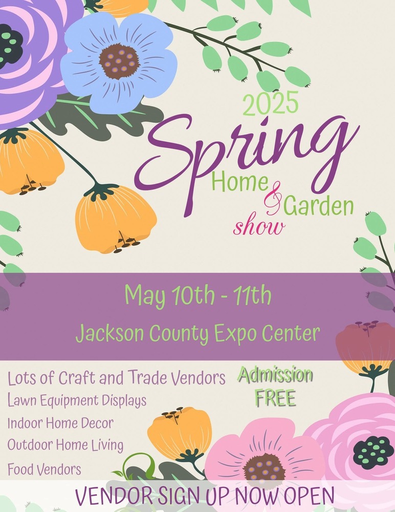 A floral-themed flyer for the 2025 Spring Home & Garden Show, scheduled for May 10th - 11th at the Jackson County Expo Center. The flyer highlights attractions such as craft and trade vendors, lawn equipment displays, indoor home decor, outdoor home living exhibits, and food vendors. The event offers free admission, and vendor sign-up is now open. The background features pastel-colored flowers and leaves, creating a vibrant and inviting design.