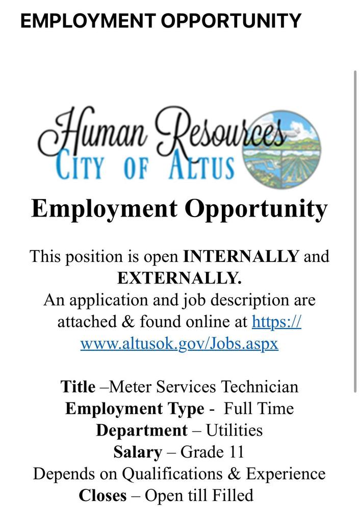 City of Altus Human Resources job flyer for a Meter Services Technician. It includes job details such as full-time employment in the Utilities Department, Grade 11 salary based on experience, and a link to apply at www.altusok.gov/Jobs.aspx. The position is open internally and externally until filled.