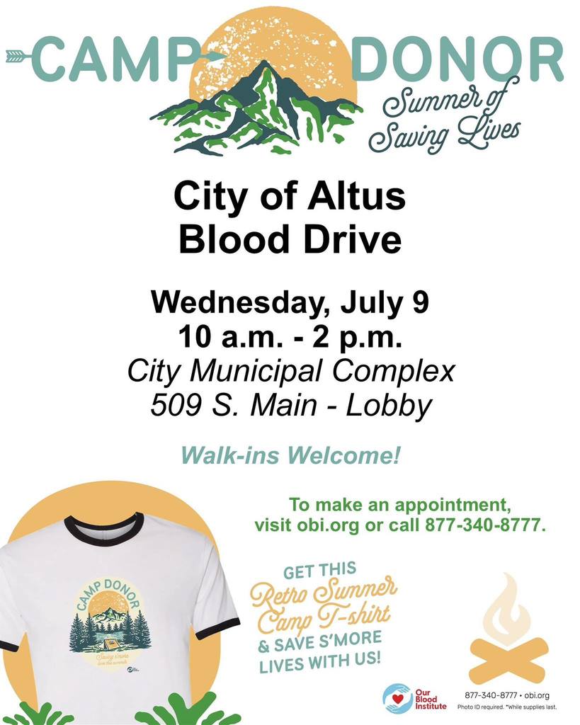 Flyer for the "Camp Donor – Summer of Saving Lives" City of Altus Blood Drive. Event is Wednesday, July 9, from 10 a.m. to 2 p.m. at the City Municipal Complex, 509 S. Main, in the lobby. Walk-ins welcome. Donors will receive a Retro Summer Camp T-shirt. To make an appointment, visit OBI.org or call 877-340-8777. Logos for the Oklahoma Blood Institute and blood donor partners are included.