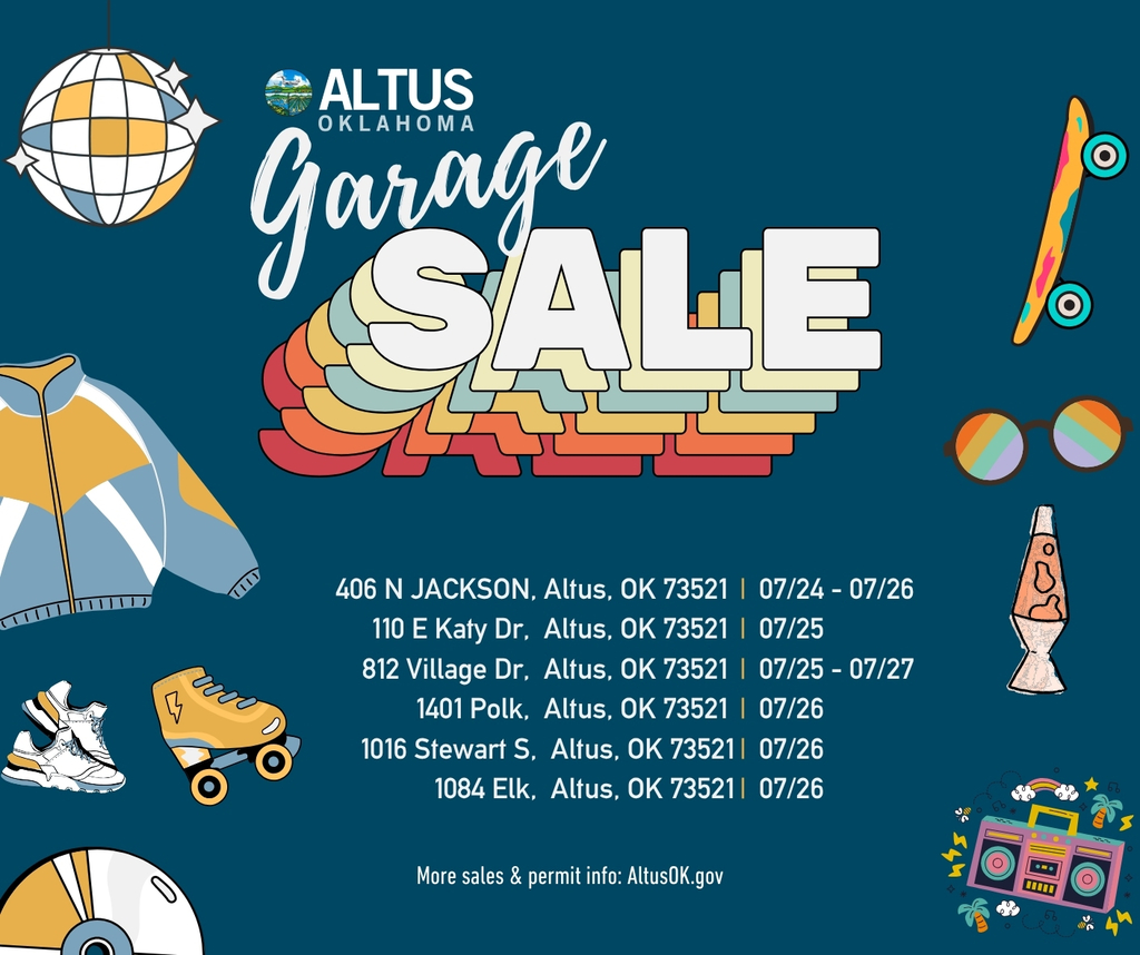 Retro-themed graphic promoting officially permitted garage sales in Altus, Oklahoma, from July 24 to July 27. Includes addresses and dates, surrounded by 80s-style art like roller skates, a disco ball, lava lamp, and boombox.