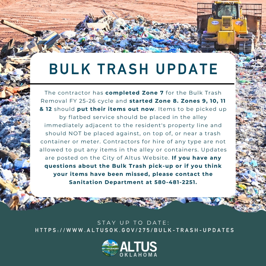 Bulk Trash Update for the City of Altus. Contractor has completed Zone 7 for the FY 25–26 Bulk Trash Removal cycle and started Zone 8. Residents in Zones 9, 10, 11, and 12 should place items in the alley adjacent to their property line, not on top of or near containers. Contractors for hire may not place items in alleys or containers. Contact Sanitation Department at 580-481-2251 with questions or missed pickups. Website link provided: https://www.altusok.gov/275/Bulk-Trash-Updates. Background image shows a large pile of trash and a bulldozer.