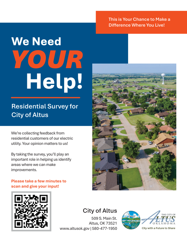 Flyer promoting the City of Altus Residential Survey. Bold text reads "We Need YOUR Help!" followed by "Residential Survey for City of Altus." The flyer invites residential electric utility customers to scan a QR code and give input through a short survey. A photo of a residential Altus neighborhood is shown on the right. City of Altus contact information and logos are at the bottom.