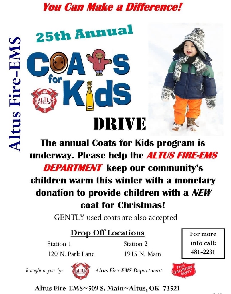 A promotional flyer for the 25th Annual Coats for Kids Drive organized by Altus Fire EMS. The flyer includes colorful graphics of coats, the Altus Fire EMS logo, and a photo of a young child in a winter coat. It provides donation details, drop off locations at Station 1 and Station 2, and a phone number for more information.