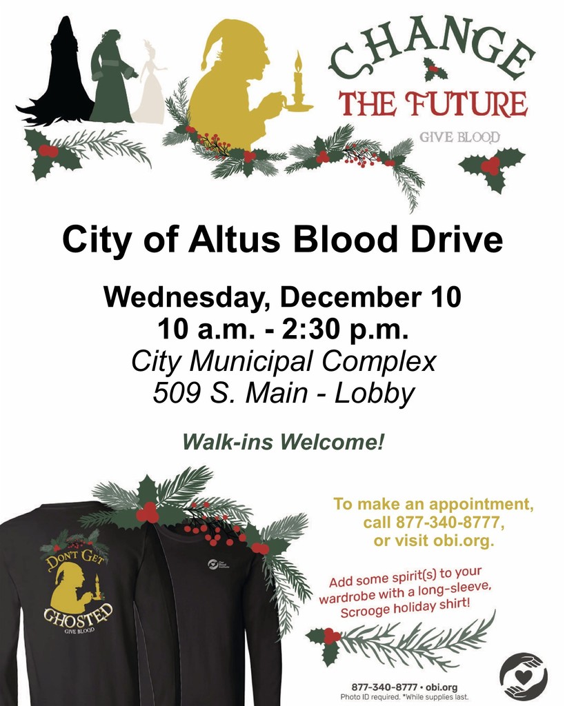 A holiday-themed flyer for the City of Altus Blood Drive. At the top are silhouettes of festive characters and the phrase “Change the Future, Give Blood” decorated with holly. The flyer announces a blood drive on Wednesday, December 10 from 10 a.m. to 2:30 p.m. at the City Municipal Complex, 509 S. Main, in the lobby. It notes that walk-ins are welcome. At the bottom left is an image of a long-sleeve holiday shirt with the wording “Don’t Get Ghosted.” On the right are details for making an appointment and a QR code, along with the Our Blood Institute logo.