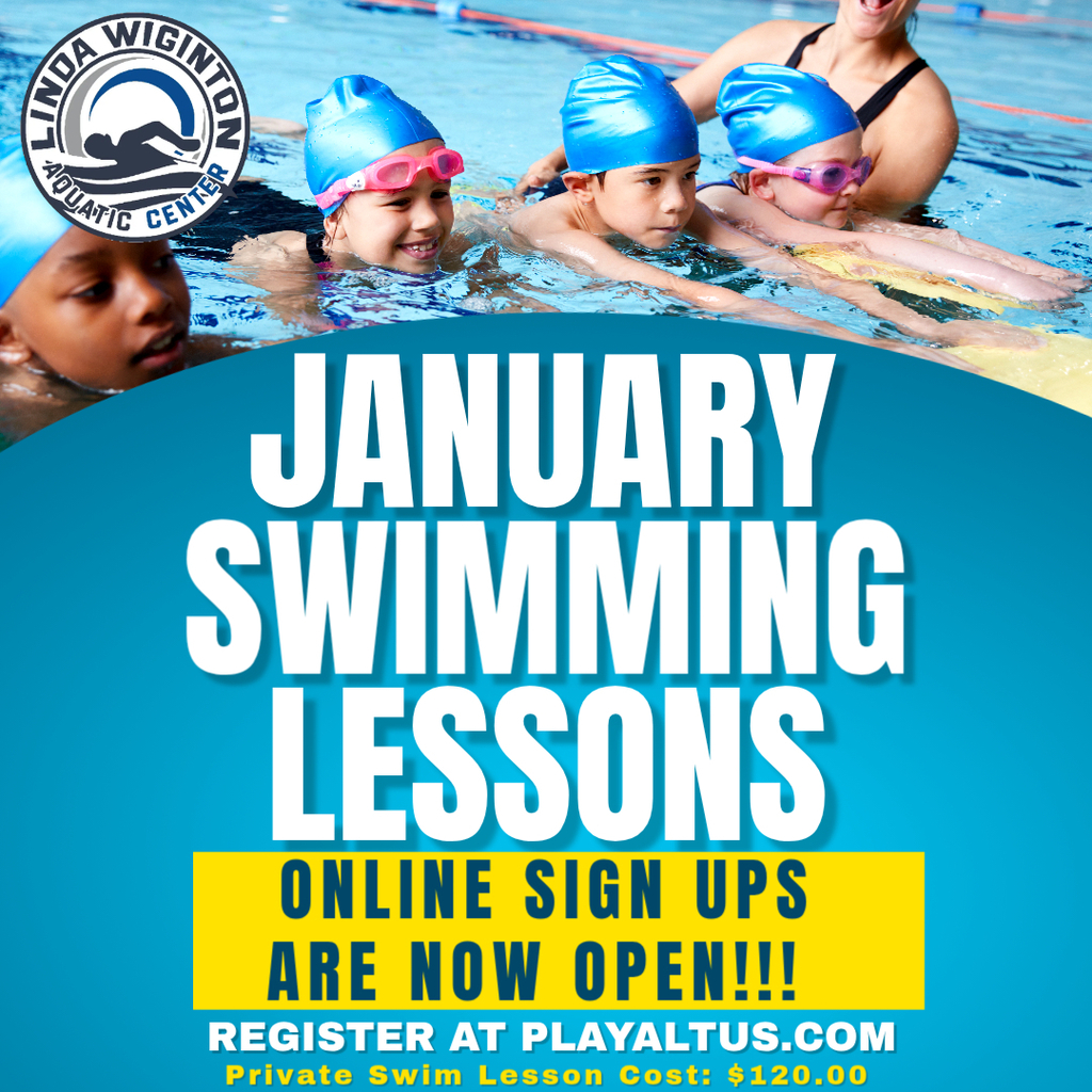 Children wearing blue swim caps participate in a group swim lesson at an indoor pool with text reading January Swimming Lessons, online sign ups are now open, register at playaltus.com.