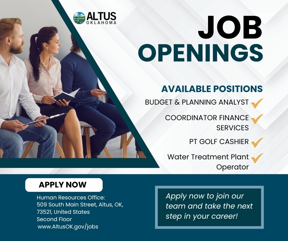 Graphic titled “Job Openings” for the City of Altus, Oklahoma. Shows four available positions: Budget & Planning Analyst, Coordinator Finance Services, PT Golf Cashier, and Water Treatment Plant Operator I, with an “Apply Now” callout and City of Altus jobs info.