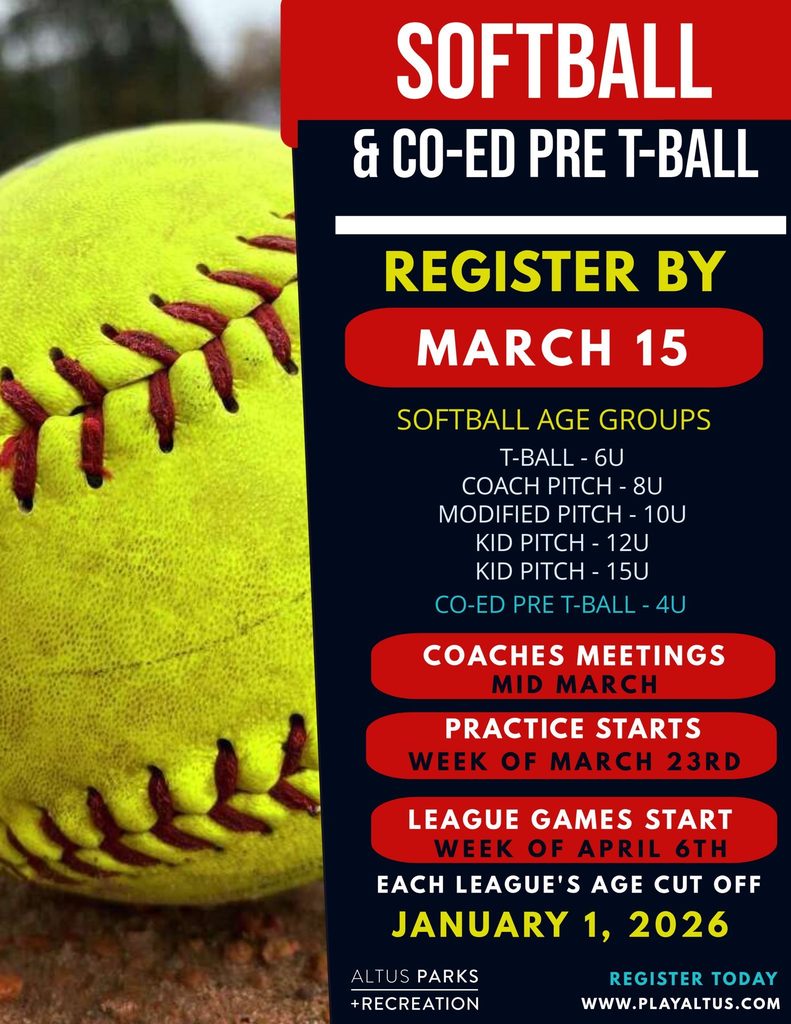 Promotional graphic for Altus Parks and Recreation youth softball and co-ed pre T-ball registration. Image shows a close-up of a yellow softball on the left and event details on the right. Text announces registration deadline of March 15. Age groups listed include T-ball 6U, coach pitch 8U, modified pitch 10U, kid pitch 12U and 15U, and co-ed pre T-ball 4U. Coaches meetings are scheduled for mid March. Practices begin the week of March 23, and league games begin the week of April 6. Age cutoff date is January 1, 2026. Website listed is playaltus.com.