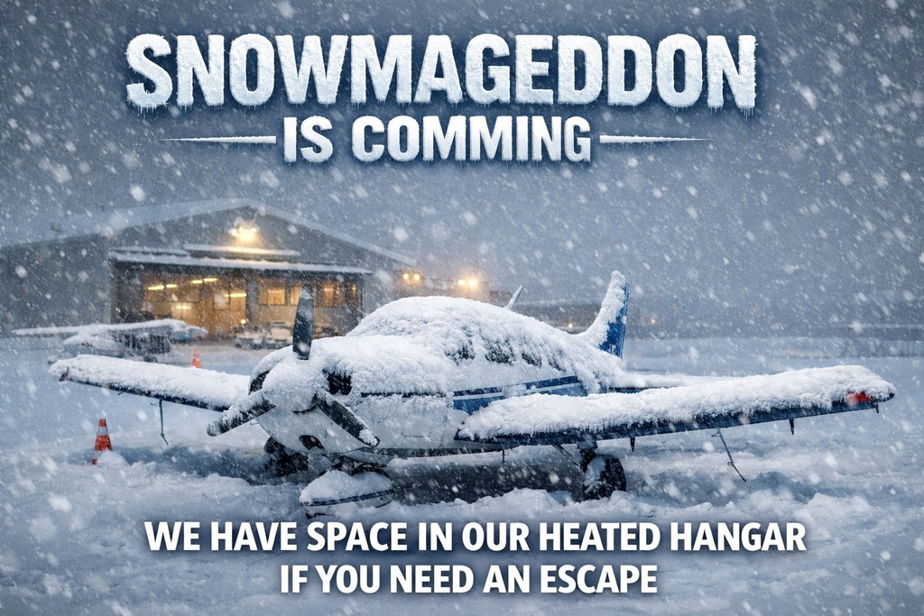 Promotional image showing a small airplane covered in snow parked on a runway during active snowfall, with a hangar lit in the background. Large text reads “Snowmageddon Is Coming.” Smaller text at the bottom states “We have space in our heated hangar if you need an escape.”