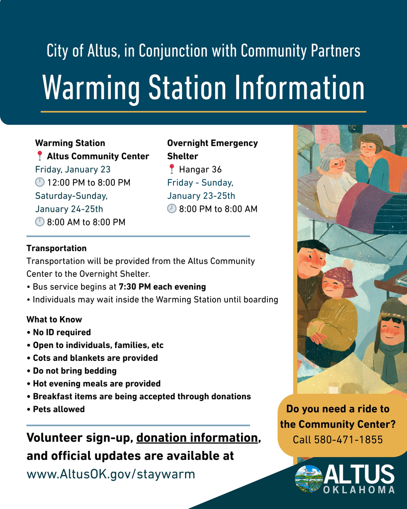 Flyer titled “Warming Station Information” from the City of Altus and community partners, listing warming station hours at the Altus Community Center, overnight emergency shelter at Hangar 36, transportation details, what to know for guests, and a website link for volunteer sign-up, donations, and official updates.