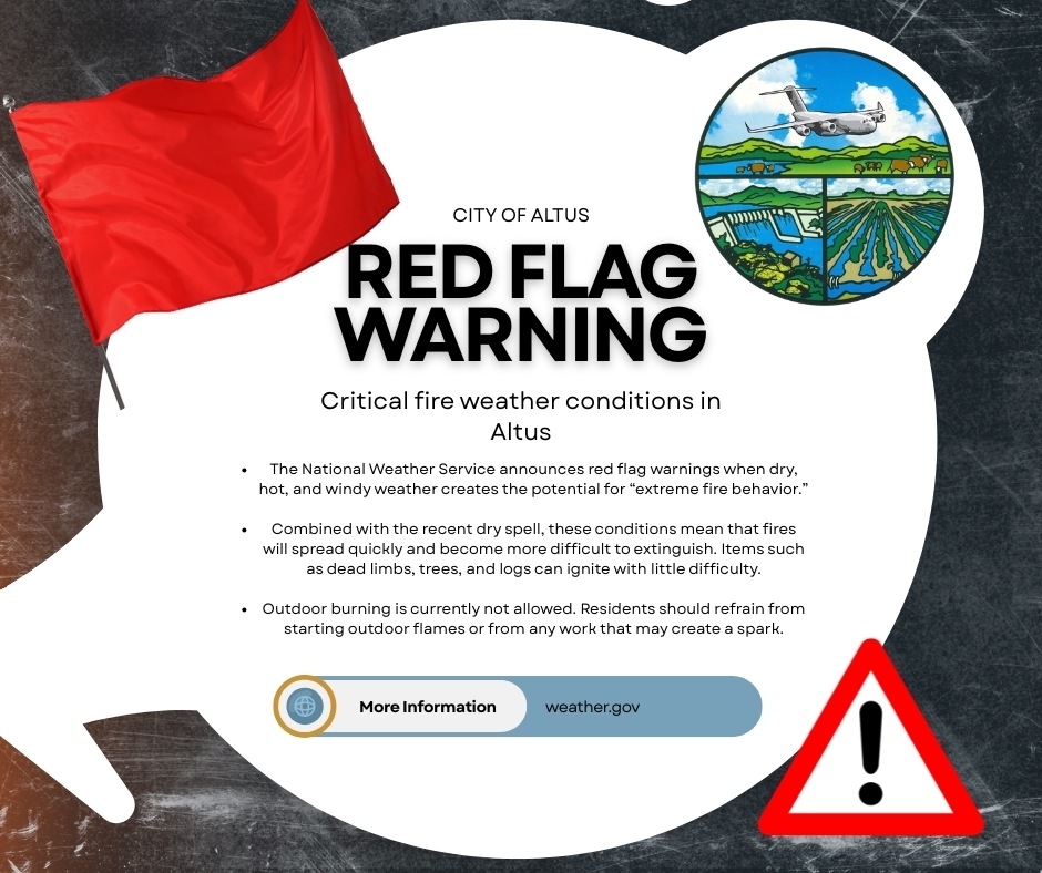 Graphic titled “City of Altus Red Flag Warning” stating critical fire weather conditions in Altus. The image explains that the National Weather Service issues red flag warnings during dry, hot, and windy conditions that increase fire danger. It advises that outdoor burning is not allowed and residents should avoid starting flames or activities that create sparks. A red flag and warning symbol are shown, along with a link to weather.gov.