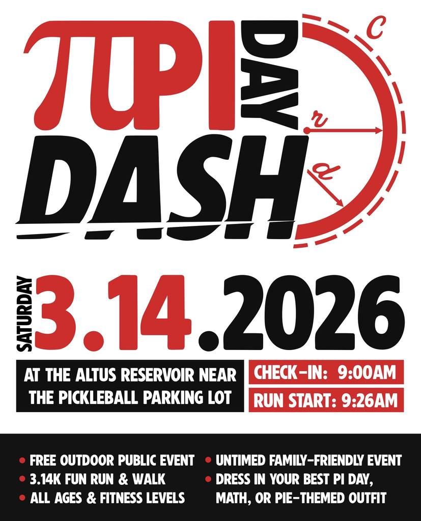 pi day flyter for a 3-14-26 run at the altus reservoir. Free open to the public. Questions call Altus Parks & Recreation