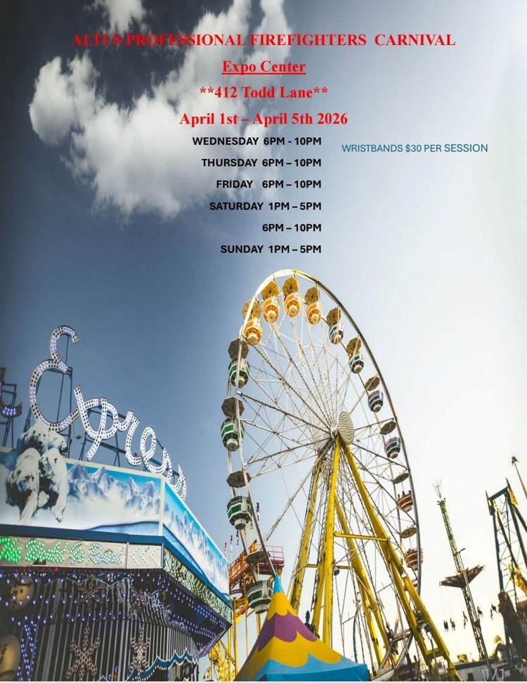 Image of advertising  the carnival at the Altus expo center. wed-Sunday.  times vary. $30 wristbands 