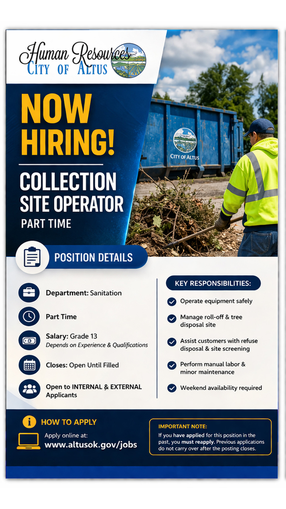 Graphic displaying City of Altus Human Resources job posting for Collection Site Operator, part time, Sanitation Department, open until filled.