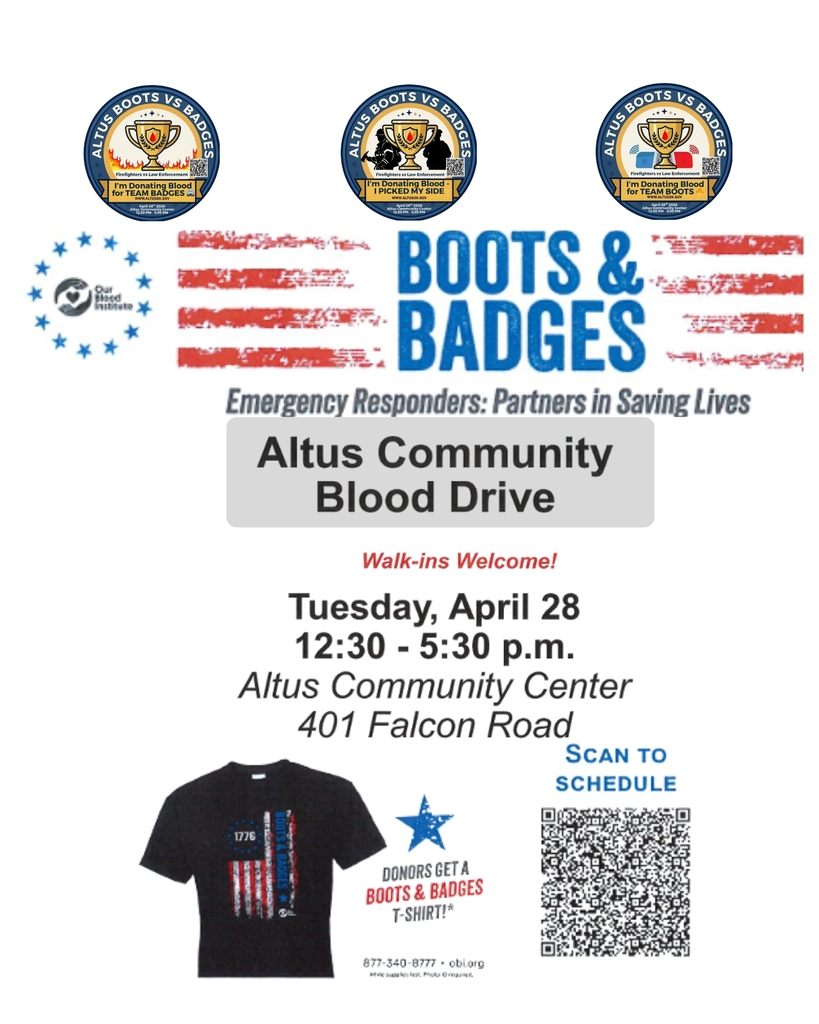 Boots and Badges Altus Community Blood Drive flyer featuring a patriotic design with red, white, and blue elements. Event details include Tuesday, April 28 from 12:30 PM to 5:30 PM at the Altus Community Center, 401 Falcon Road. Walk-ins are welcome. The graphic includes a QR code to schedule an appointment and notes that donors receive a Boots and Badges t-shirt.