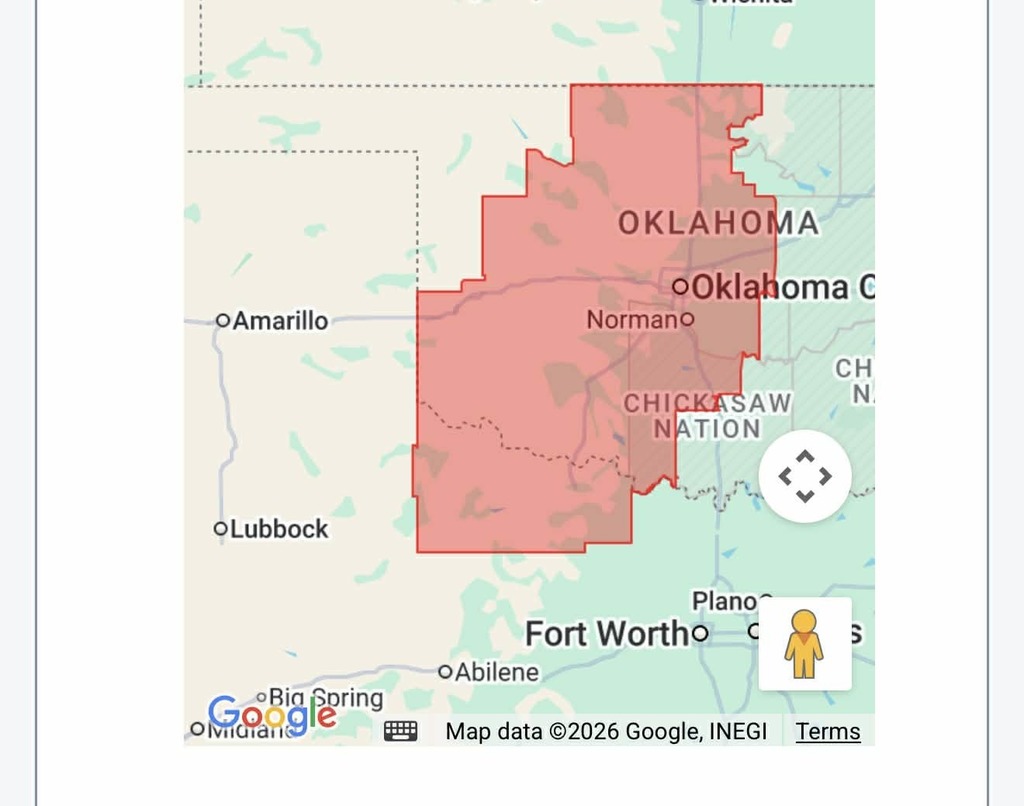 Map of Oklahoma and northern Texas showing a large red shaded area indicating a tornado watch. The highlighted region covers central, northern, western, and southwestern Oklahoma, including Oklahoma City and Altus, and extends into parts of northern Texas near Wichita Falls.
