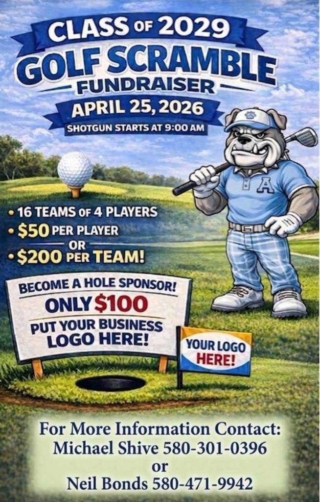 raphic promoting the Class of 2029 Golf Scramble Fundraiser on April 25, 2026 with a 9 AM shotgun start. Includes pricing for players and teams, sponsorship details, and contact phone numbers for registration.