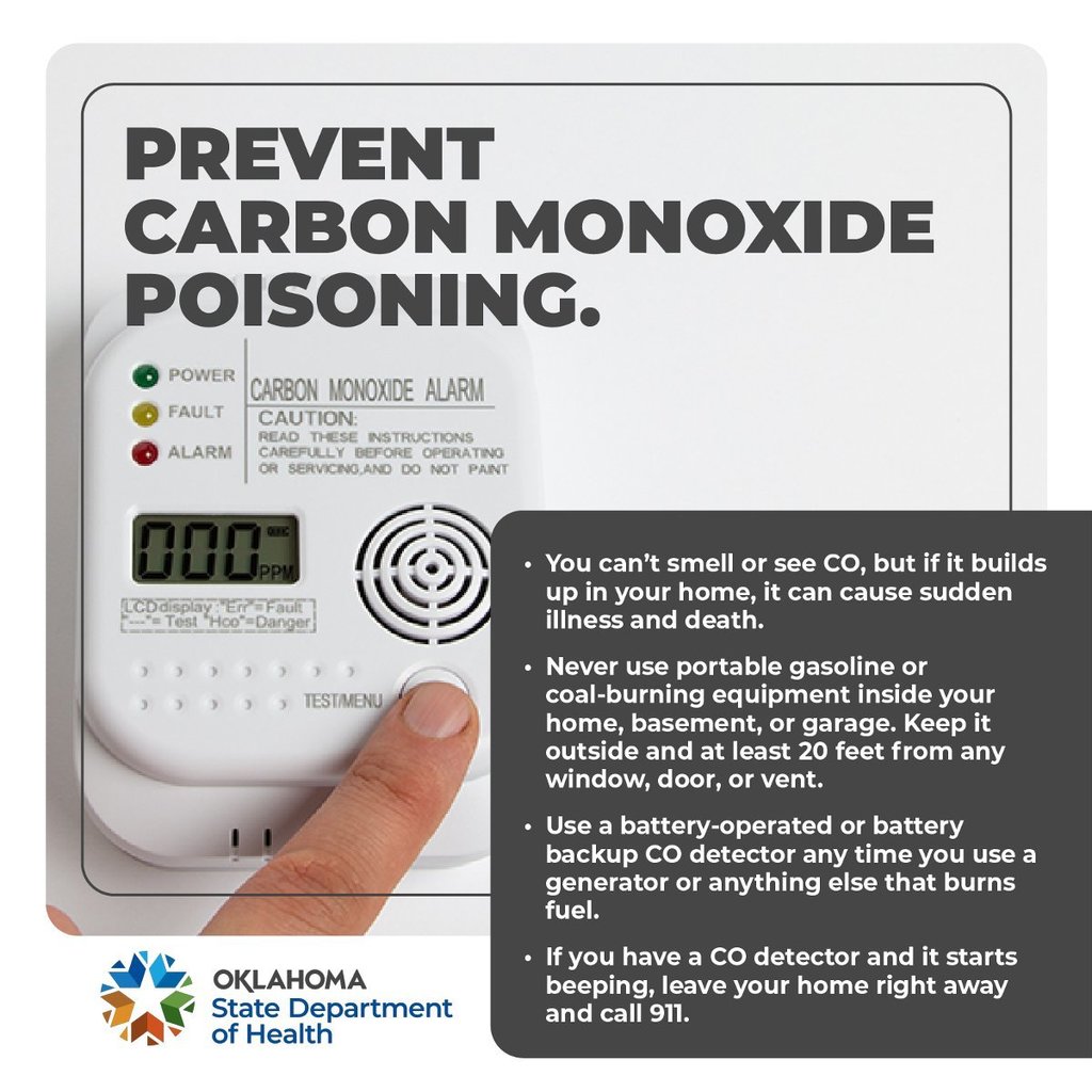 Graphic about preventing carbon monoxide poisoning, including warnings about using generators indoors and instructions to leave immediately and call 911 if a detector alarms.