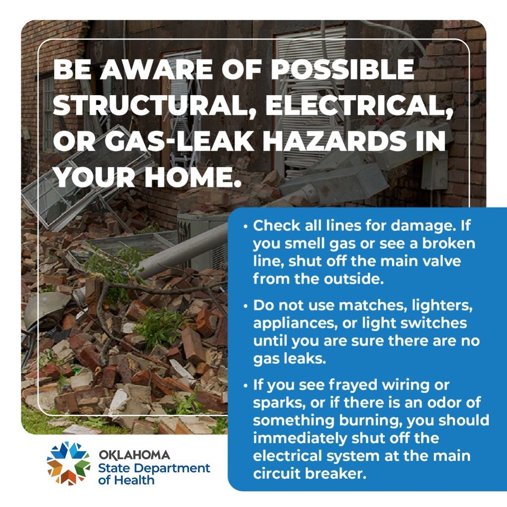 Graphic advising awareness of structural, electrical, and gas leak hazards, including checking for damage and avoiding use of flames or electricity if a leak is suspected.