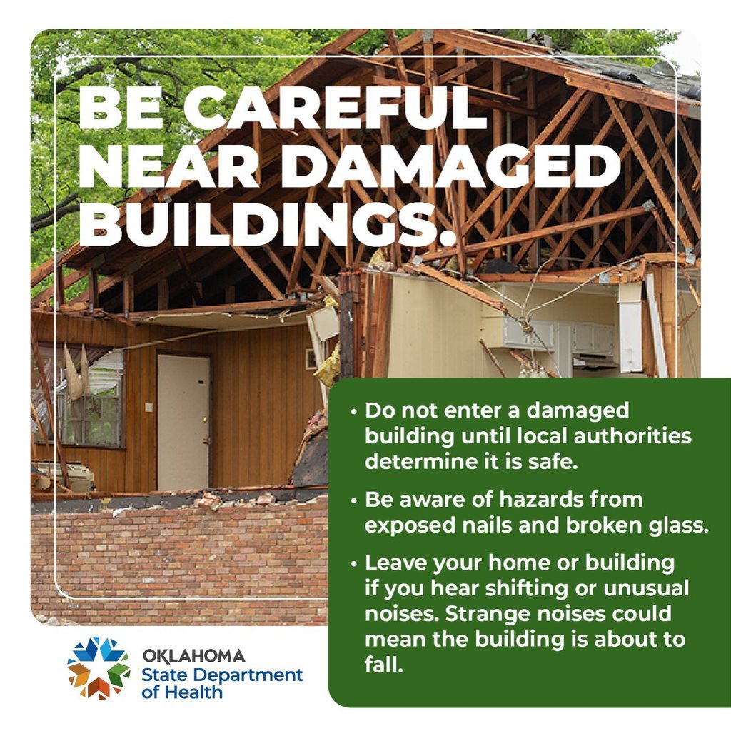 Graphic warning to be careful near damaged buildings, including avoiding entry until cleared and watching for hazards like broken glass and exposed nails.