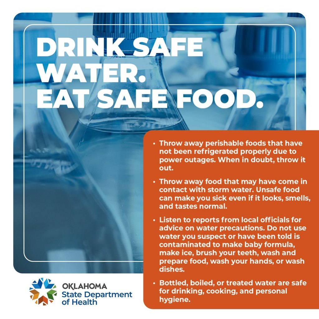 Graphic advising to drink safe water and eat safe food after a tornado, including guidance on discarding spoiled or contaminated food and using bottled or treated water.