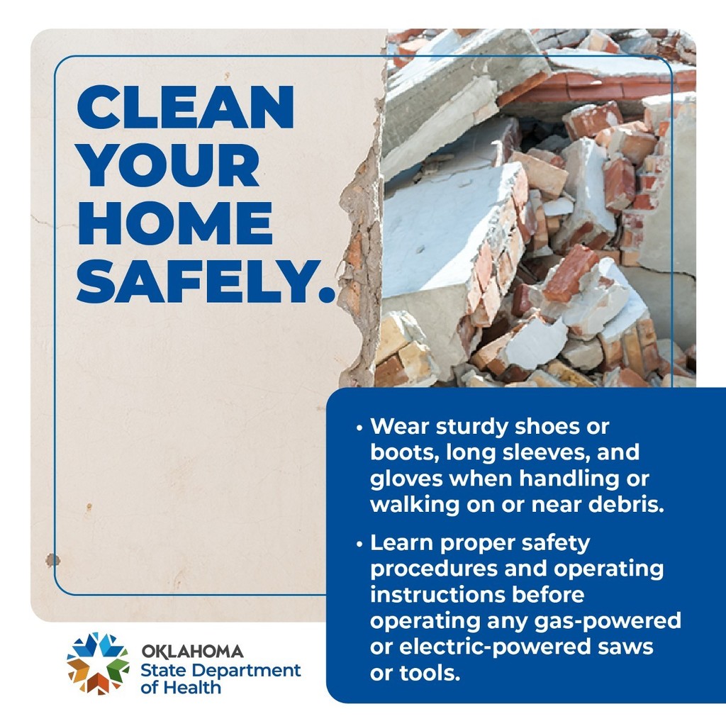 Graphic advising how to clean up safely after a tornado, including wearing protective clothing and using proper safety procedures when handling debris or tools.