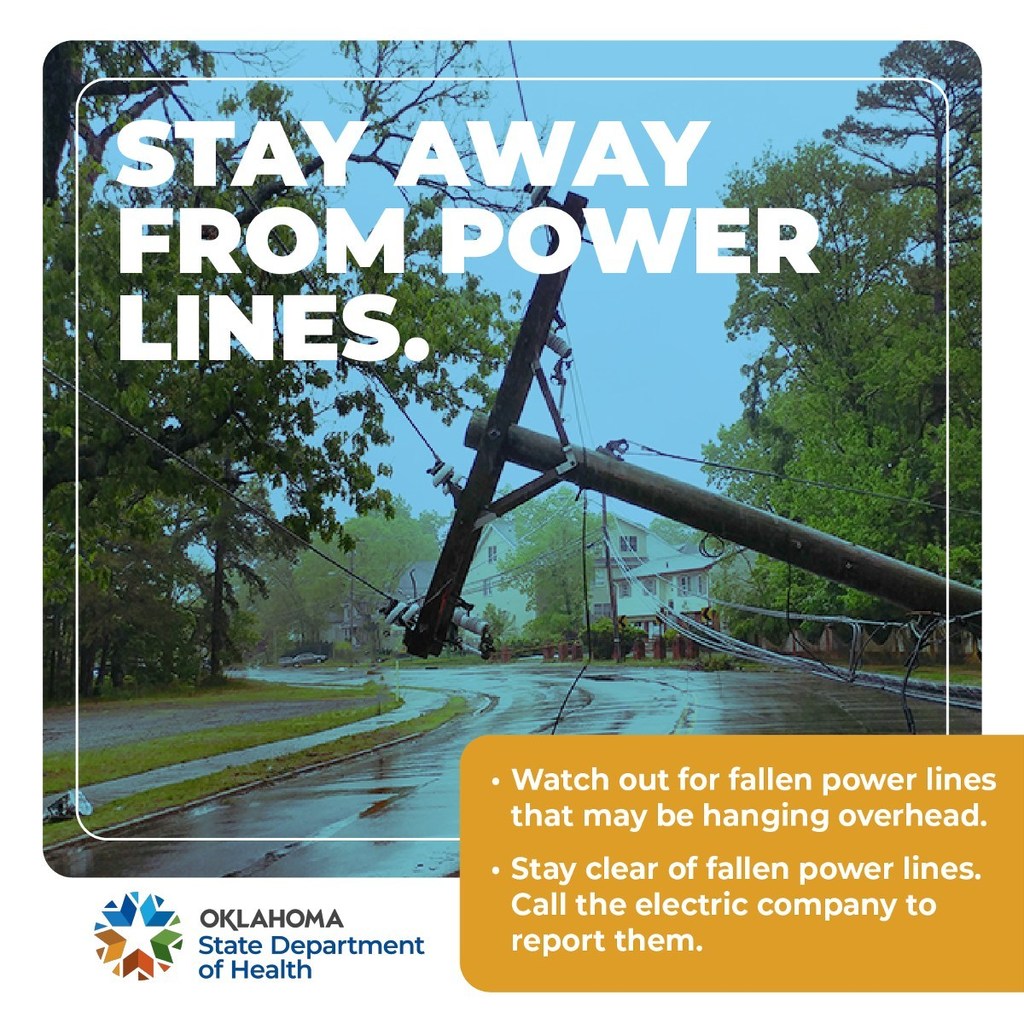 Graphic warning to stay away from fallen power lines, with guidance to avoid contact and report hazards to the electric company.
