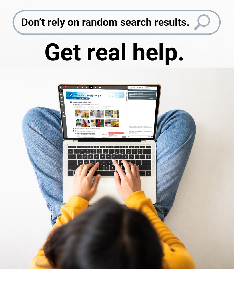 Graphic encouraging students to get real help instead of relying on search results, showing a person using a laptop with messaging about connecting to a live tutor for homework assistance.