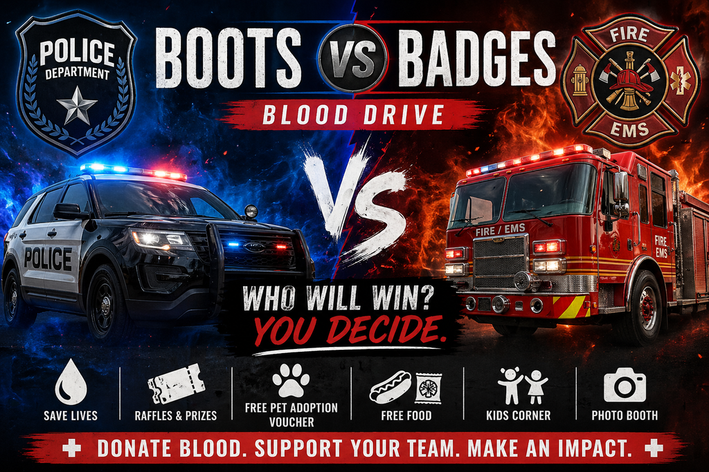 Split graphic showing a police patrol vehicle on the left with blue lighting and a fire truck on the right with red flames, representing a Boots vs Badges blood drive competition. The text reads “Boots vs Badges Blood Drive” and “Who will win? You decide.” Icons along the bottom highlight event features including saving lives, raffles and prizes, free pet adoption vouchers, free food, a kids corner, and a photo booth. The graphic encourages donating blood and supporting a team.