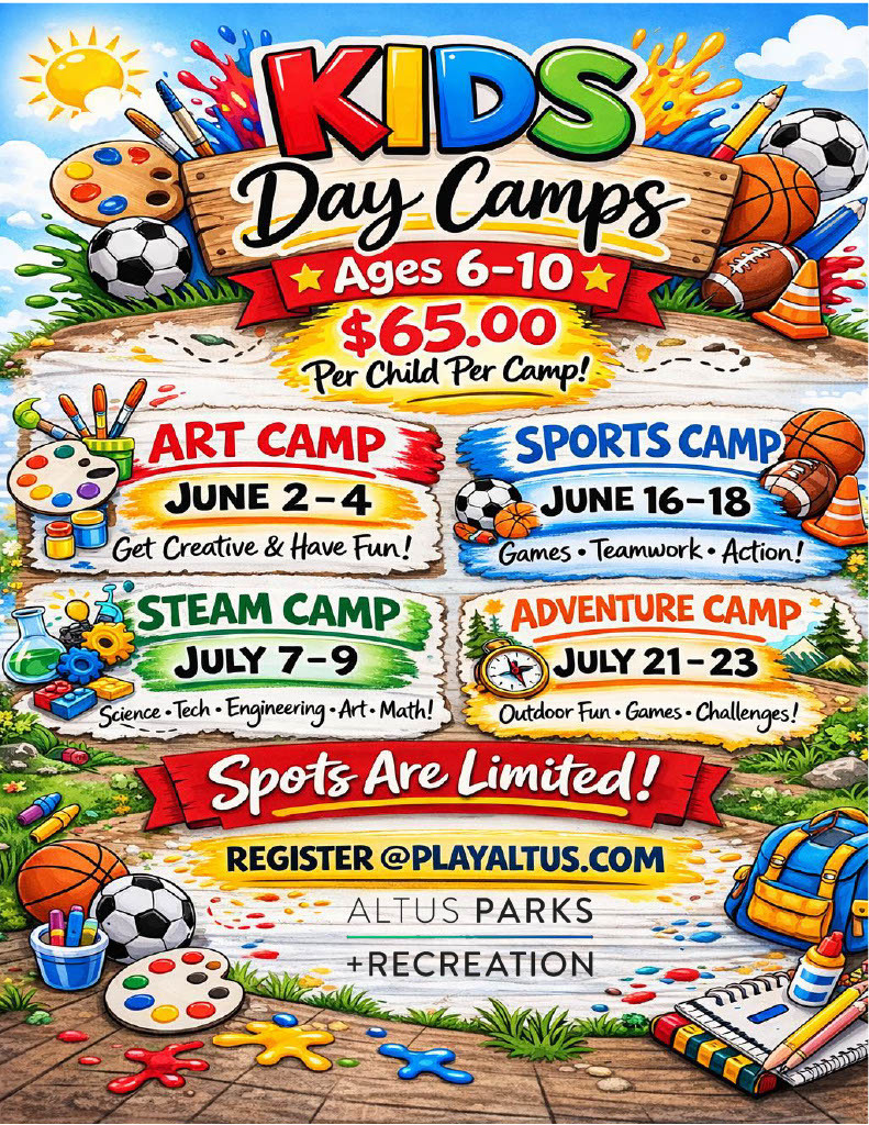 Graphic promoting Kids Day Camps for ages 6 to 10 in Altus, including Art Camp June 2 through 4, Sports Camp June 16 through 18, STEAM Camp July 7 through 9, and Adventure Camp July 21 through 23, with a cost of 65 dollars per child per camp and registration available at PlayAltus.com.