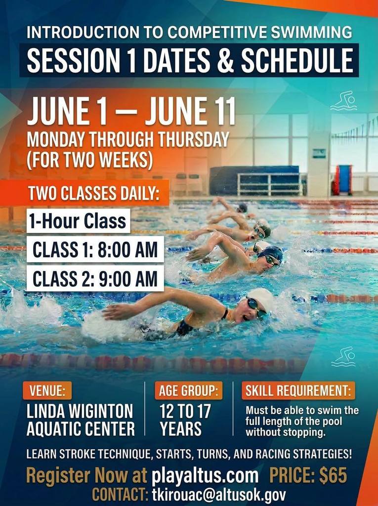 raphic announcing Introduction to Competitive Swimming Session 1 at Linda Wiginton Aquatic Center. Session dates are June 1 through June 11, Monday through Thursday for two weeks. Two 1-hour classes are offered daily at 8:00 a.m. and 9:00 a.m. The age group is 12 to 17 years, and participants must be able to swim the full length of the pool without stopping. Registration is available at playaltus.com. Price is $65. Contact tkirouac@altusok.gov for information. The background shows swimmers in an indoor pool.