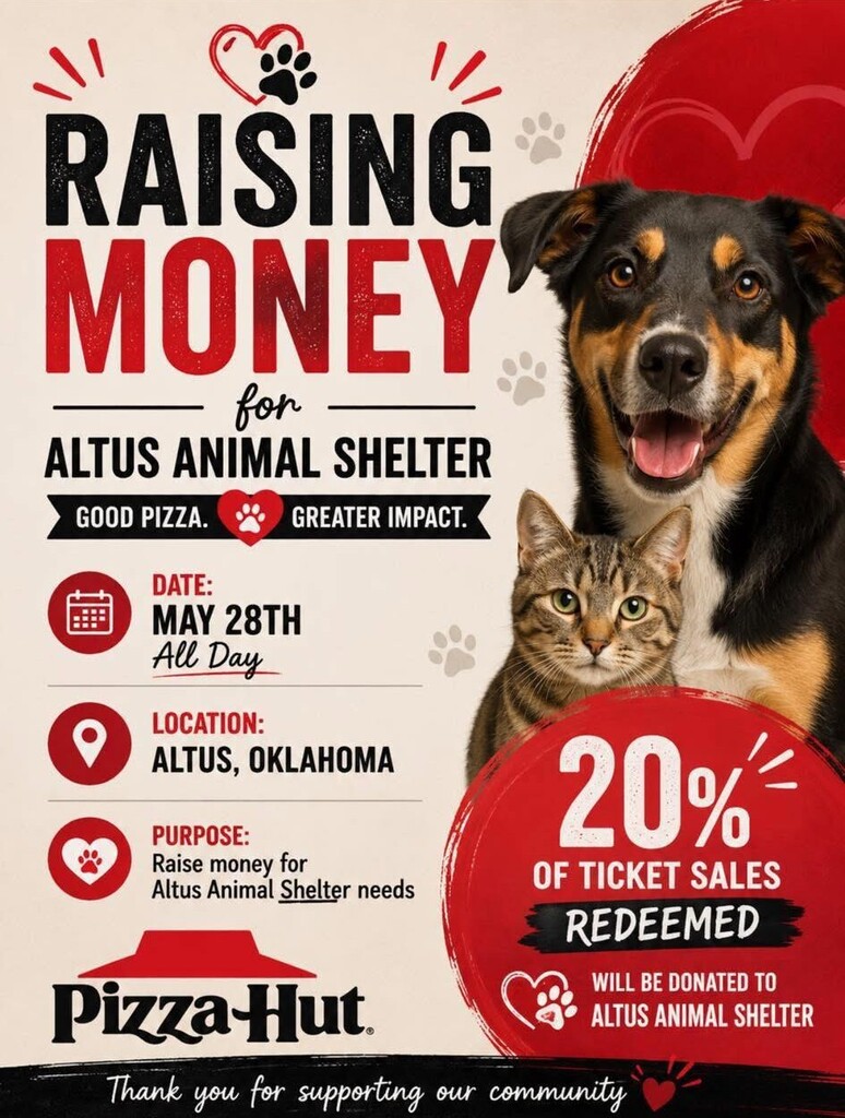Graphic promoting a Pizza Hut fundraiser for the Altus Animal Shelter on May 28 in Altus, Oklahoma, featuring a dog and cat with text stating 20% of redeemed ticket sales will be donated to the shelter.