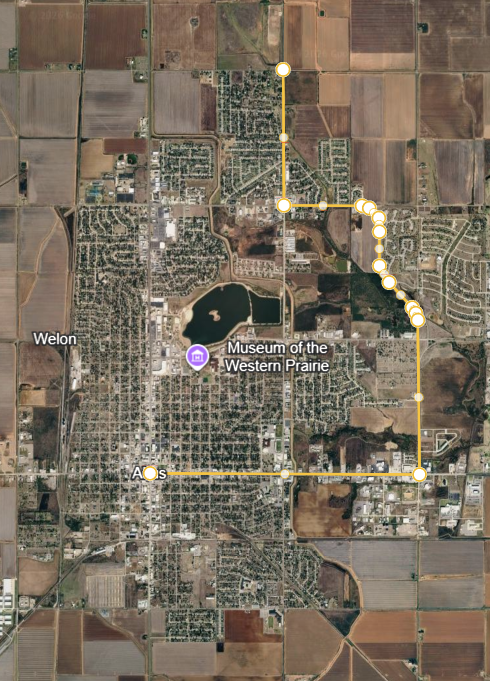 Satellite map of Altus showing a suggested alternate travel route west of Main Street during the ODOT US-283 resurfacing project. The highlighted route uses roads on the west side of the city to help drivers traveling across town reduce delays. This route is a travel suggestion only and is not an official detour. Main Street businesses remain open and accessible during construction.