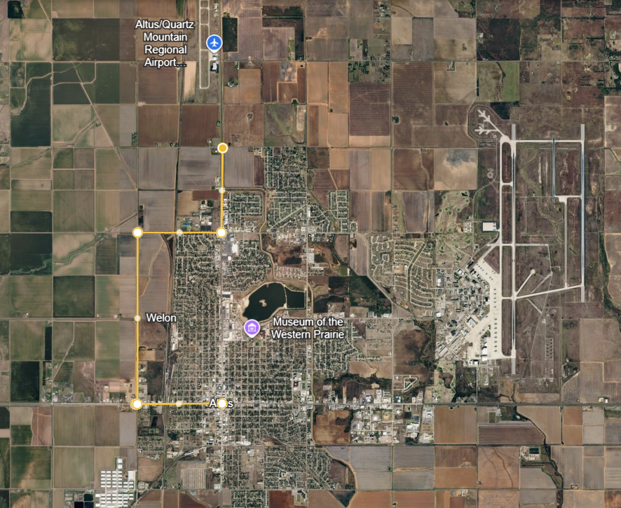 Satellite map of Altus showing a suggested alternate travel route west of Main Street during the ODOT US-283 resurfacing project. The highlighted route uses roads on the west side of the city to help drivers traveling across town reduce delays. This route is a travel suggestion only and is not an official detour. Main Street businesses remain open and accessible during construction.