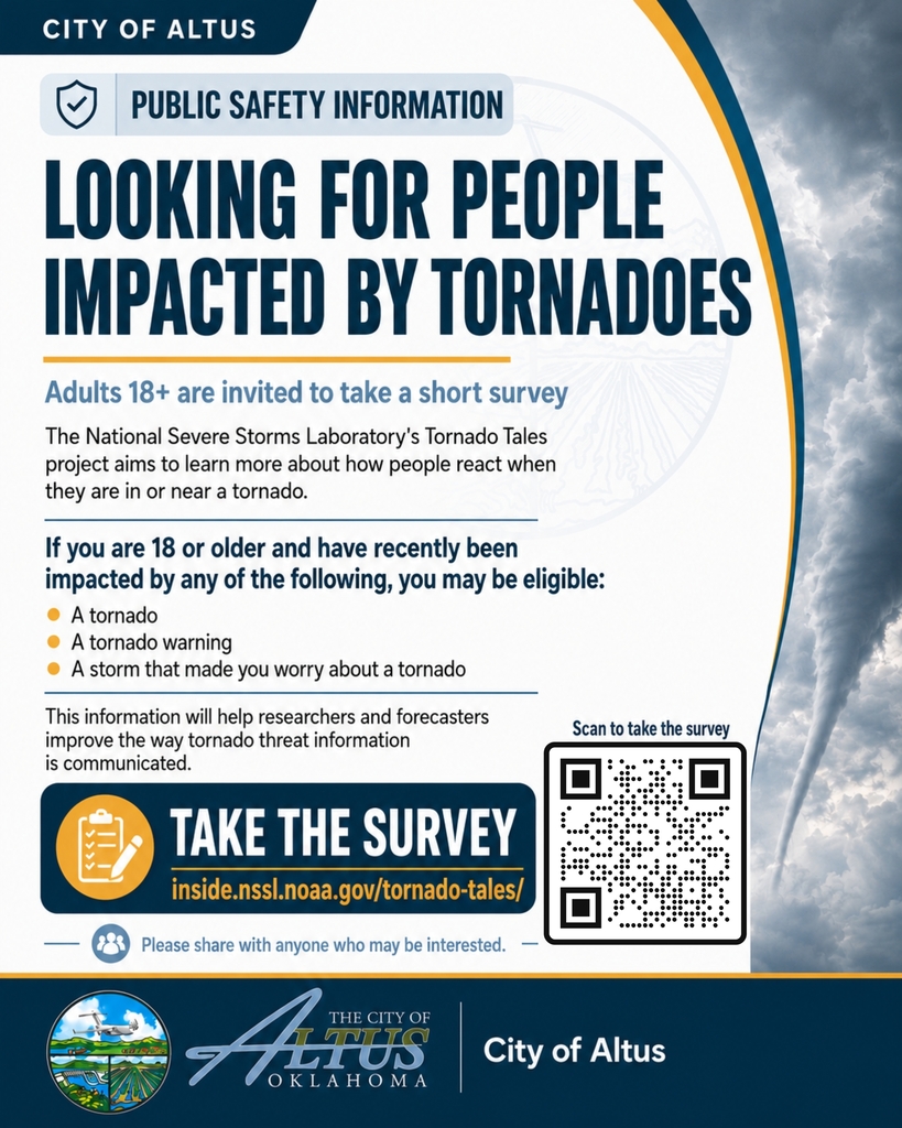 City of Altus public safety flyer titled “Looking for People Impacted by Tornadoes.” The flyer invites adults 18 and older who have recently experienced a tornado, tornado warning, or storm-related tornado concern to take the National Severe Storms Laboratory Tornado Tales survey. A QR code and survey link are included.