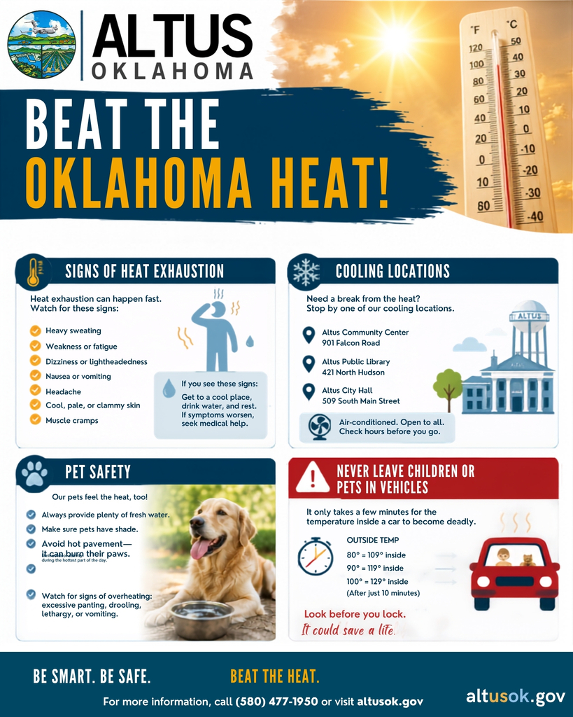 Flyer titled “Beat the Oklahoma Heat!” with a thermometer and sun. It lists signs of heat exhaustion, cooling locations, pet safety tips, and a warning to never leave children or pets in vehicles.