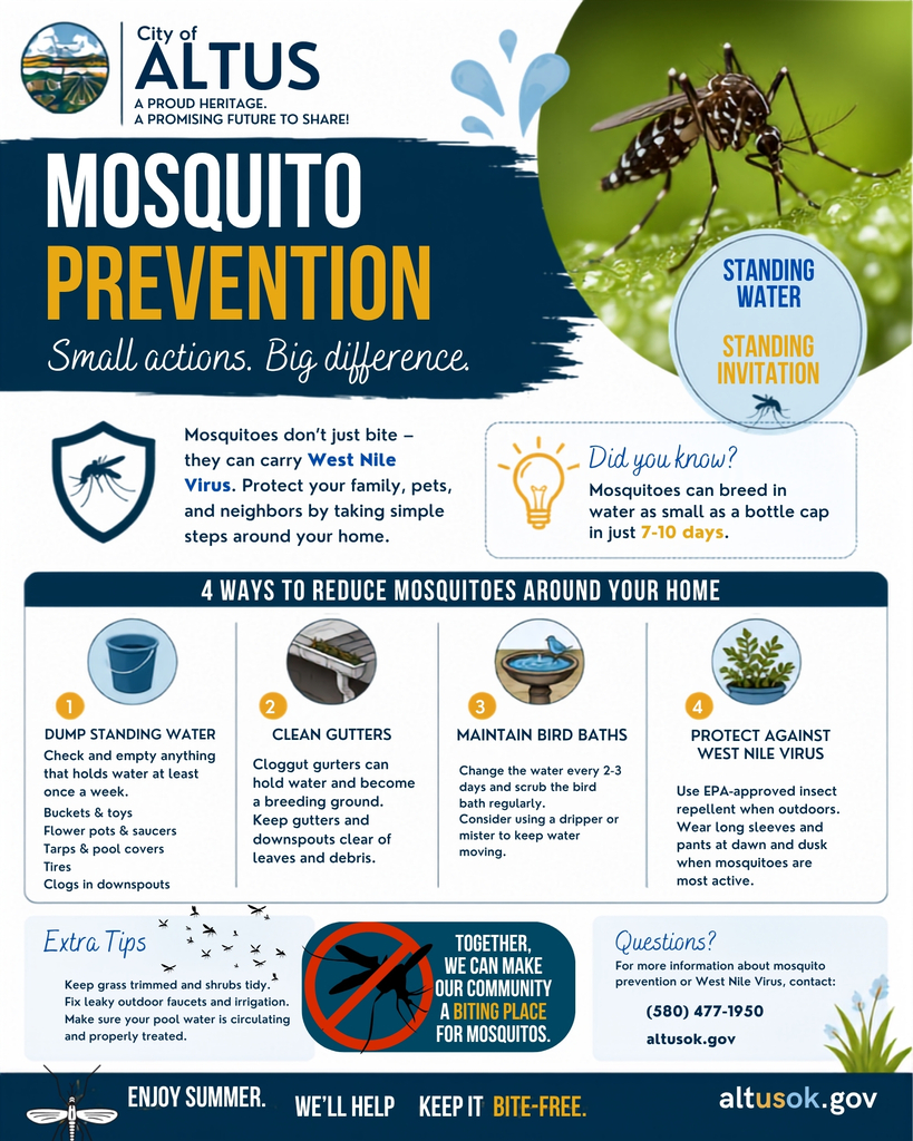 Flyer titled “Mosquito Prevention” with a mosquito photo. It explains that mosquitoes can carry West Nile virus and gives tips to remove standing water, clean gutters, maintain bird baths, and protect yourself outdoors.