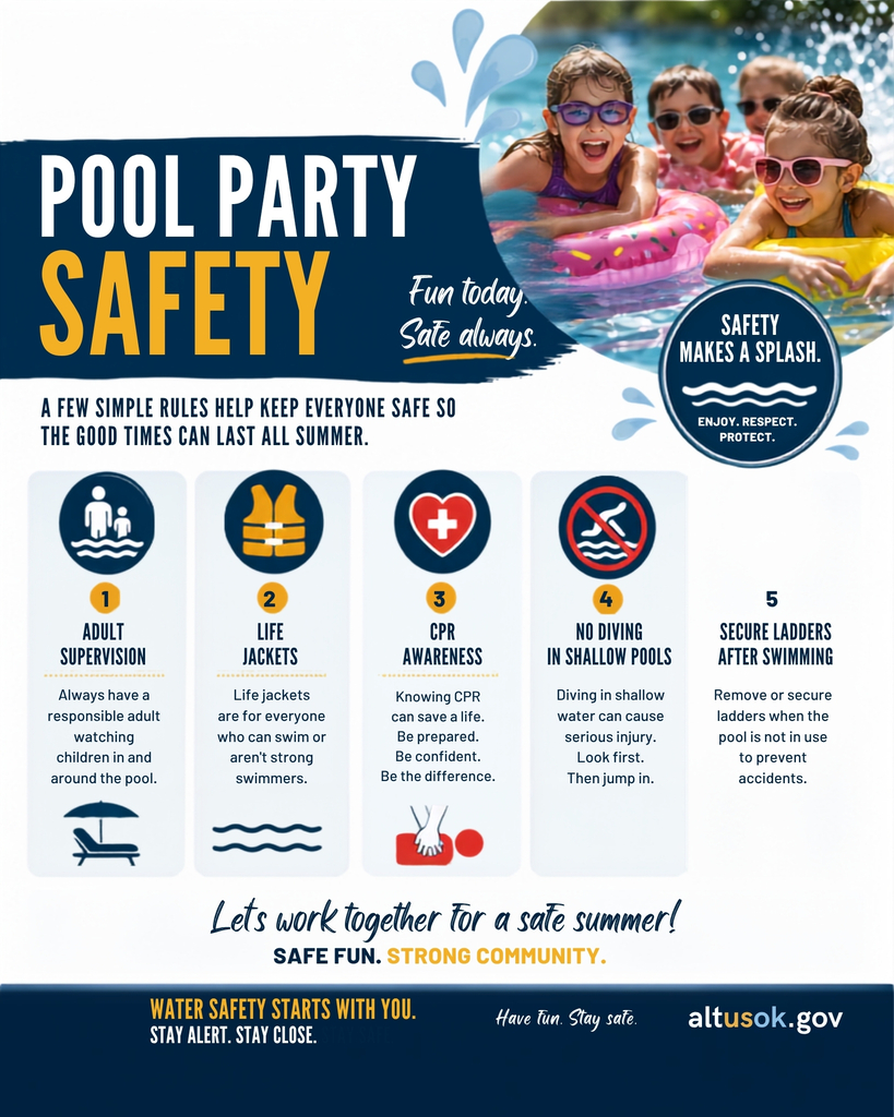 Flyer titled “Pool Party Safety” showing children in a pool. It lists five pool safety reminders: adult supervision, life jackets, CPR awareness, no diving in shallow pools, and securing ladders after swimming.