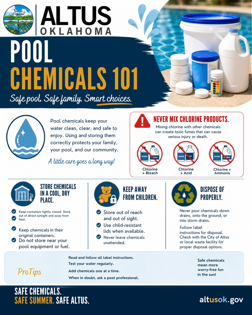 Flyer titled “Pool Chemicals 101” with pool chemical containers beside a pool. It warns not to mix chlorine products and explains safe storage, keeping chemicals away from children, proper disposal, and reading label instructions.