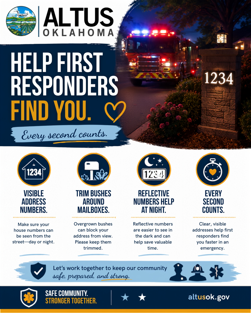 Flyer titled “Help First Responders Find You” with a fire truck at night and illuminated address numbers. The flyer reminds residents to keep address numbers visible, trim bushes around mailboxes, use reflective numbers at night, and make sure first responders can find homes quickly in an emergency.