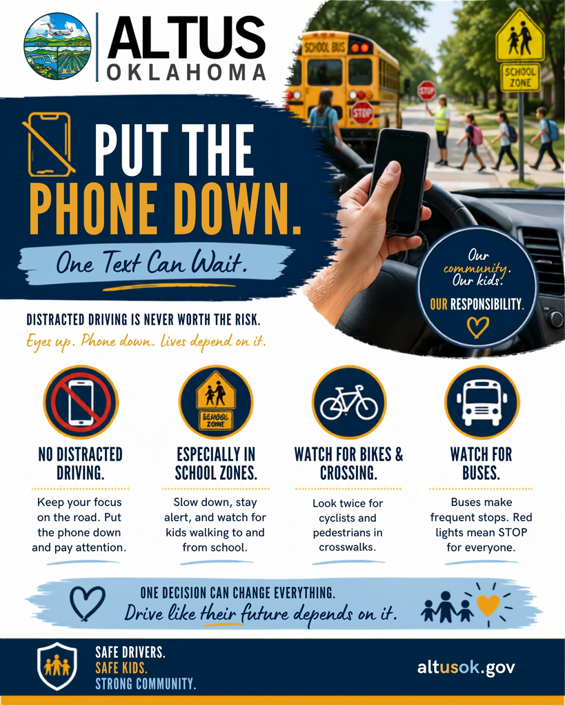 Flyer titled “Put the Phone Down” showing a driver holding a phone near a school zone with a bus and children crossing nearby. The flyer reminds drivers not to drive distracted, to use extra caution in school zones, to watch for bikes and pedestrians, and to stop for school buses.