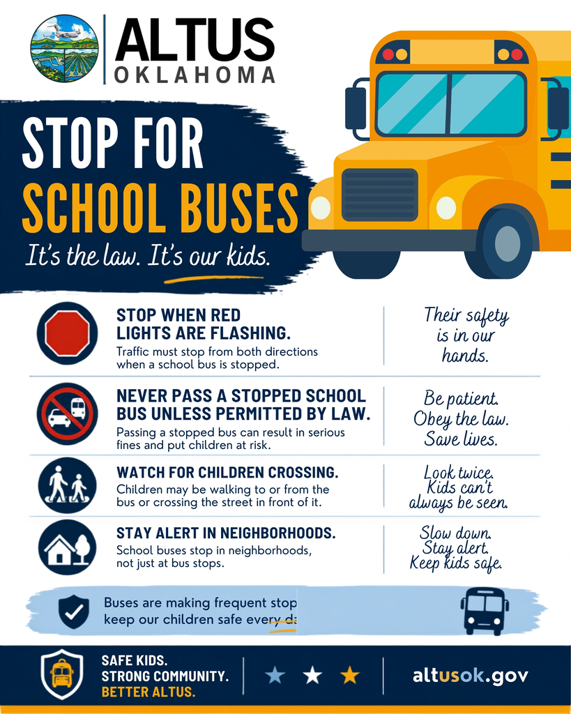 Flyer titled “Stop for School Buses” with an illustration of a yellow school bus. The flyer reminds drivers to stop when red lights are flashing, never pass a stopped school bus unless permitted by law, watch for children crossing, and stay alert in neighborhoods.