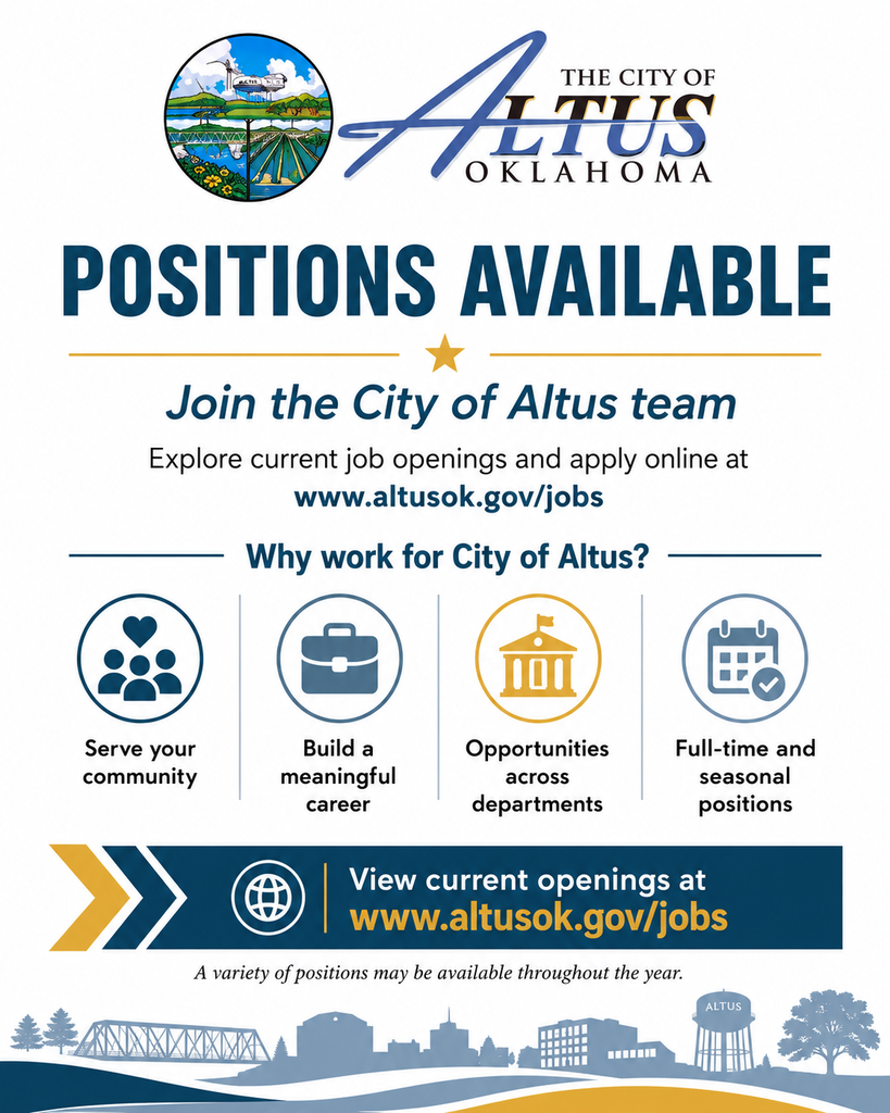 Graphic flyer for the City of Altus announcing “Positions Available.” The flyer says “Join the City of Altus team” and directs people to explore current job openings and apply online at www.altusok.gov/jobs. A section titled “Why work for City of Altus?” lists four reasons: serve your community, build a meaningful career, opportunities across departments, and full-time and seasonal positions. The flyer uses City of Altus branding colors with the City logo at the top and a city skyline graphic at the bottom.
