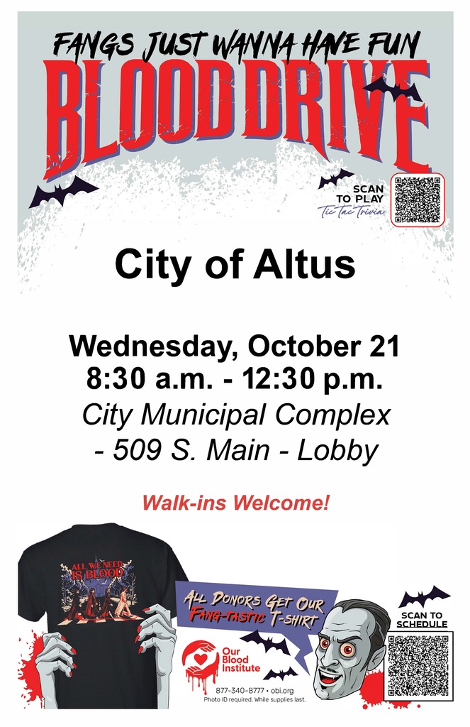 Blood Drive, Wednesday, October 21, 8:30am - 12:30pm, at City Hall.