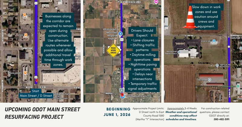 Map graphic showing upcoming 2024 Main Street resurfacing project areas and traffic impacts.