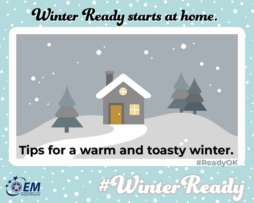 llustration of a small house in a snowy landscape with trees and falling snow. The graphic reads “Winter Ready starts at home. Tips for a warm and toasty winter” with the OEM logo and #WinterReady.
