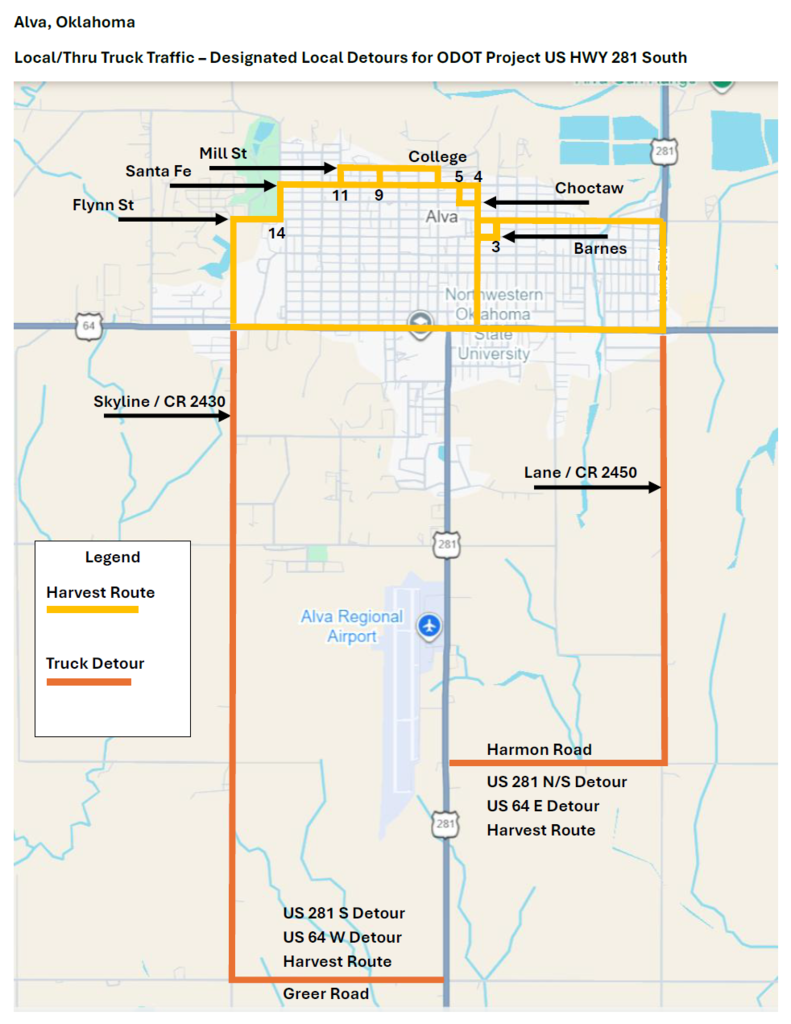 Harvest Routes: Skyline from US 64 to Flynn;, Flynn from Skyline to 14th; 14th from Flynn to Santa Fe; Santa Fe from 14th to 4th; 11th from Santa Fe to Mill; 9th from Santa Fe to Mill; College from Santa Fe to Mill; 5th from Santa Fe to Choctaw; 4th from Santa Fe to US 64; Choctaw from 4th to 5th; Flynn from 4th to US 281; Barnes from 4th to 3rd; 3rd from Flynn to Barnes; US 64 E/W; US 281 north from US 64. Local Truck Detours: US 281 N/US 64 E: take US 281 N to Harmon Road east to Lane/CR 2450 north; US 64 W: take US 281 north to Greer Road west to Skyline/CR 2430 north to US 64 west