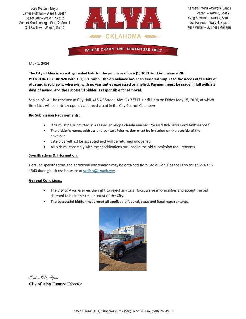 Sealed bid for Ambulance Bid for City of Alva