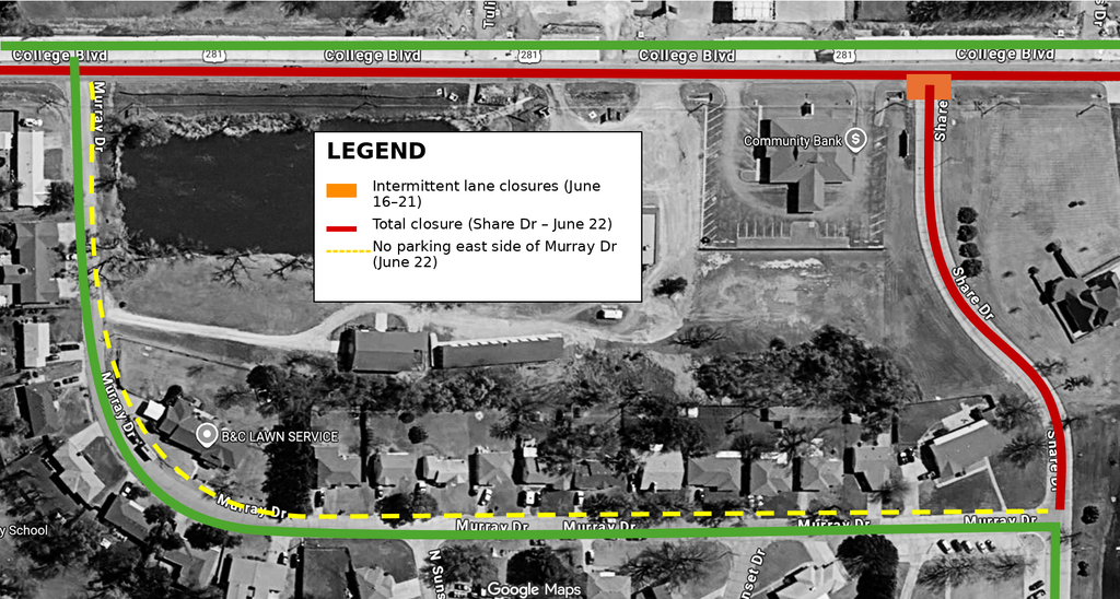 Temporary Closure - Share Drive In order to install the new storm water culvert at Share Drive and US Hwy 281, ODOT will be closing all or part of Share Dr. over the coming days. See details below.   June 16-21, 2026:  US Hwy 281 and Share Dr - intermittent lane closures on Share Dr. at intersection  June 22, 2026: (exact duration of work is unknown, but this is anticipated to be the better part of the day) CLOSURE: Share Dr. from US Hwy 281 to Murray Dr.;  HOSPITAL ACCESS from US Hwy 281: Murray Dr. to Share Dr.;  NO STREET PARKING: East side of Murray Dr.  The construction schedule, street and lane closures, alternate route to the hospital, and restricted street parking will be dependent on weather, but the above schedule is as close of an projection as can be stated at this time.  Should there be any changes to this plan, we will update this post.  Thank you for your patience and understanding.