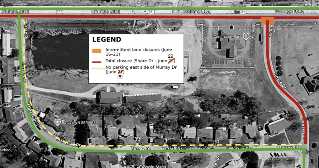 Temporary Closure - Share Drive In order to install the new storm water culvert at Share Drive and US Hwy 281, ODOT will be closing all or part of Share Dr. over the coming days. See details below.   June 29, 2026: (exact duration of work is unknown, but this is anticipated to be the better part of the day) CLOSURE: Share Dr. from US Hwy 281 to Murray Dr.;  HOSPITAL ACCESS from US Hwy 281: Murray Dr. to Share Dr.; NO STREET PARKING: East side of Murray Dr.  The construction schedule, street and lane closures, alternate route to the hospital, and restricted street parking will continue to be dependent on weather, but at this time the above schedule is looking likely.  Should there be any changes to this plan, we will update this post.  Thank you for your patience and understanding.